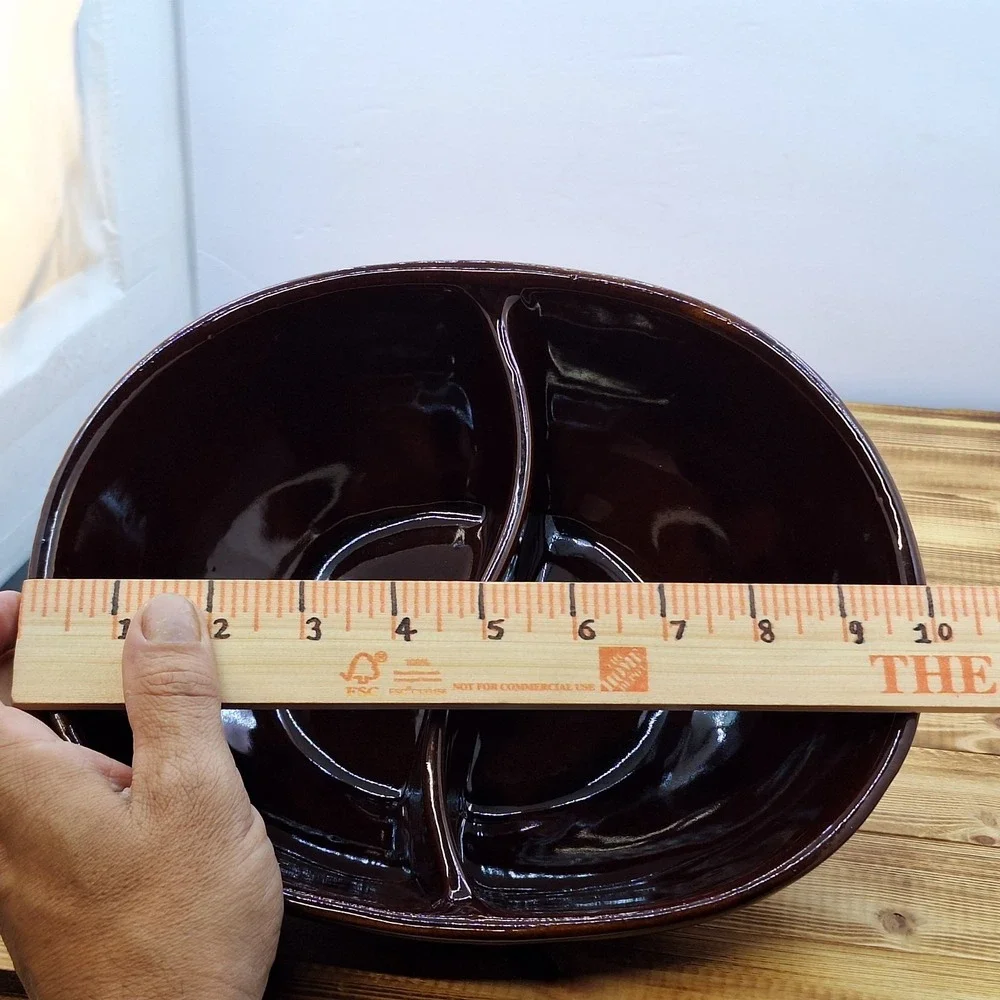 Vtg. Marcrest Daisy Dot stoneware divided serving‎ bowl Oven-Proof Brown 3x10x8